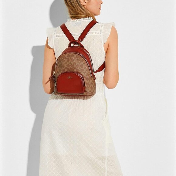 Coach Handbags - Coach Womens Carrie Signature Canvas Backpack Bag Handbag Zip Beige Red 23 NEW